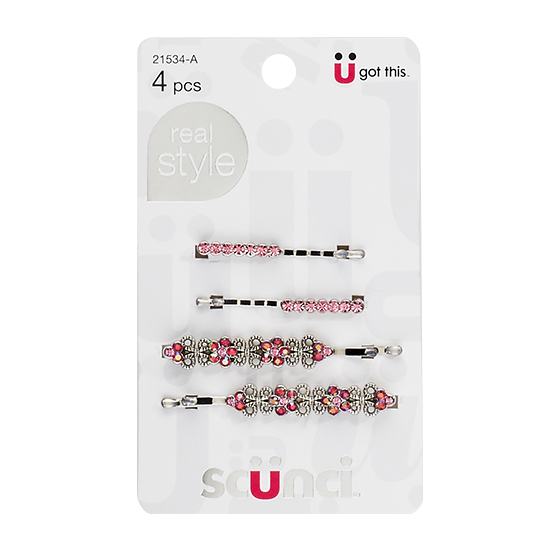 Real Style® Assorted Sizes Pink Jeweled Bobby Pins 4pk image number 4.0